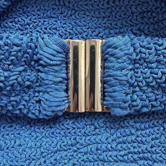 New Hunza G Polly Seersucker Mini Dress Metallic Blue Halter Crinkle Stretchy - Picture 7 of 9